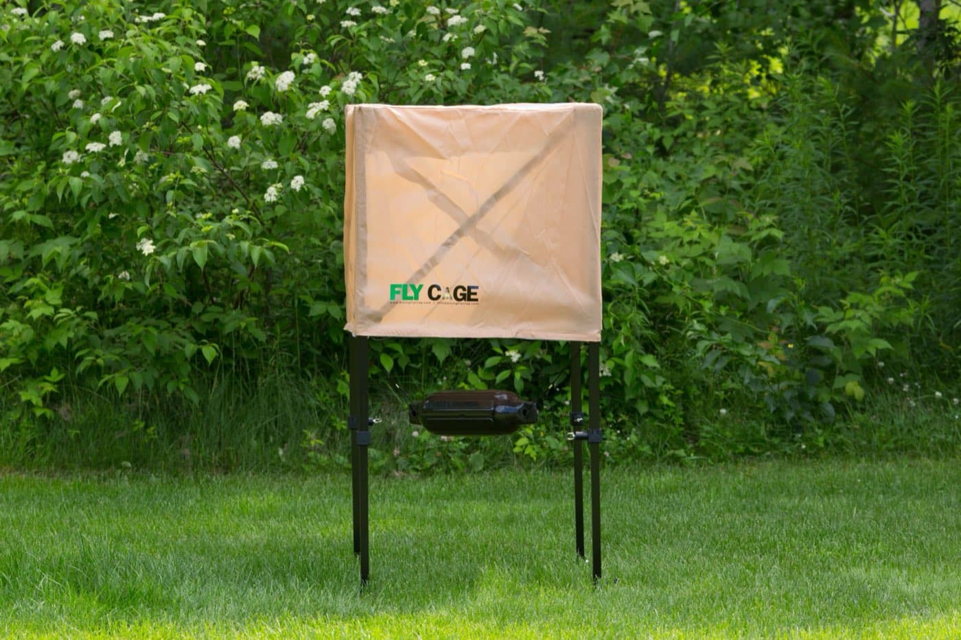Version 1 of the Fly Cage with branded cover and hanging lure