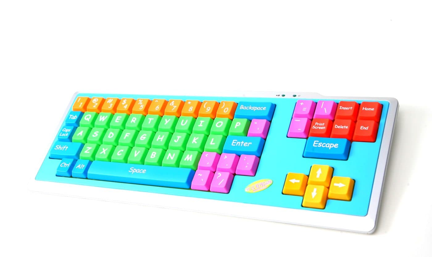 My Lil' Keyboard with oversized keys color-grouped by function: green letters, orange numbers, pink punctuation, blue command keys and yellow arrows