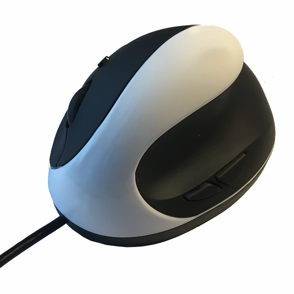 Comfi II wired vertical mouse in white and black, side view showing thumb buttons