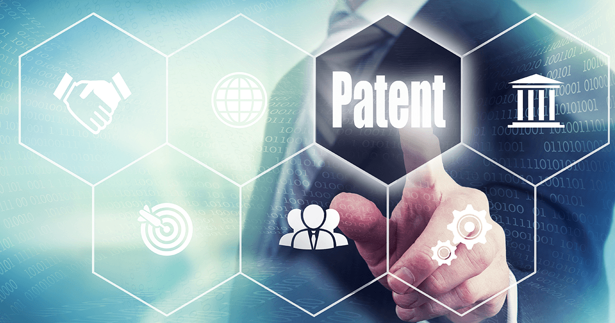 Business professional pointing at patent hexagon surrounded by icons representing licensing and selling decisions