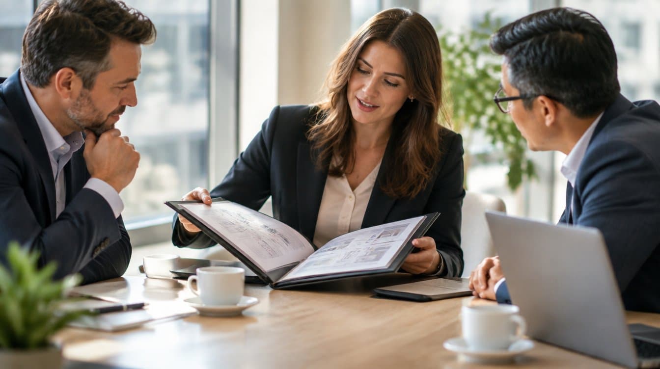 Patent holder presenting a portfolio of documents to two interested corporate buyers at a conference table