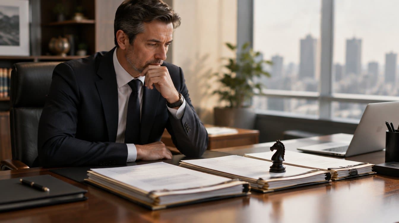 Executive reviewing an intellectual property portfolio with a chess piece on patent documents symbolizing strategy