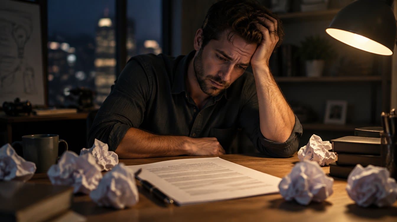 Frustrated inventor at a desk at night with crumpled papers around an unsigned contract