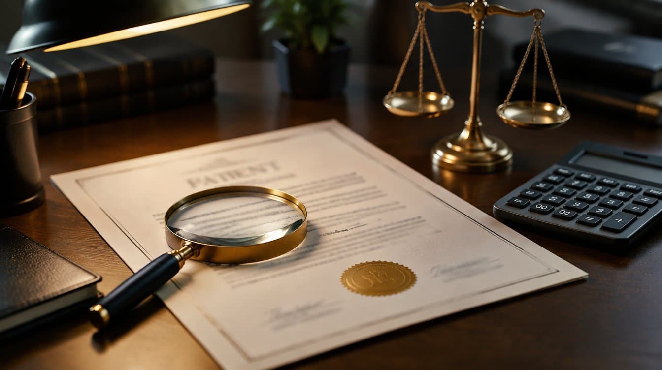 Magnifying glass and calculator on a patent certificate with a balance scale, representing patent valuation