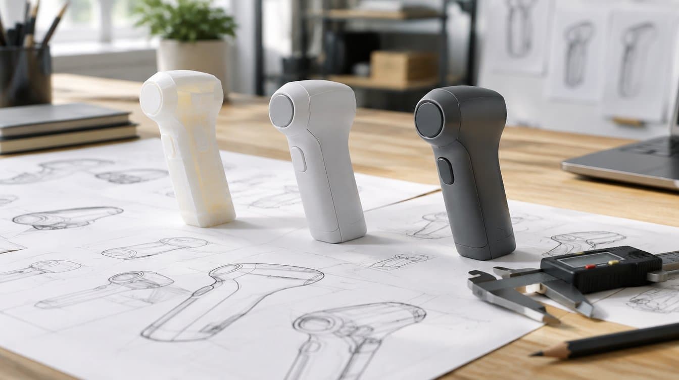 Industrial designer's desk with sketches, three 3D-printed prototype iterations, and digital calipers