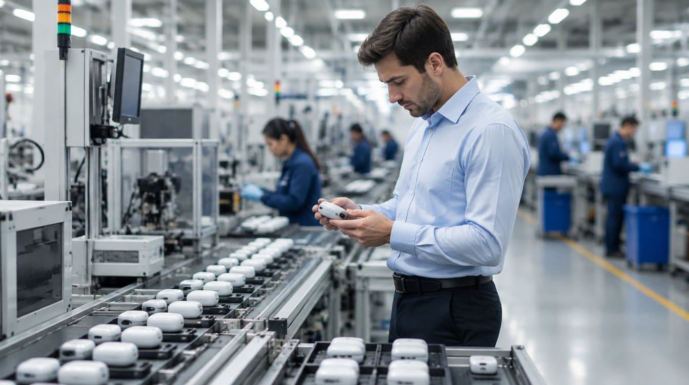 Modern factory floor with an assembly line producing consumer products while a supervisor inspects a unit