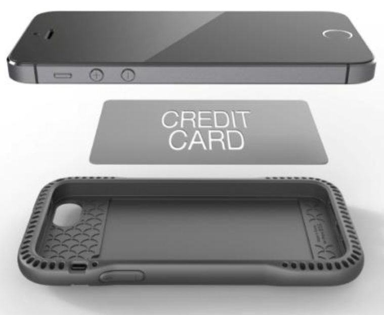 Exploded view showing a credit card stored between the phone and case