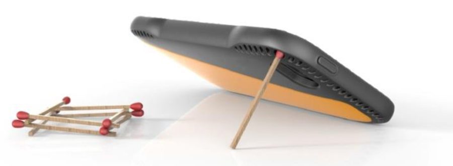 AnyShock Air propped up as a stand using a matchstick in an edge hole