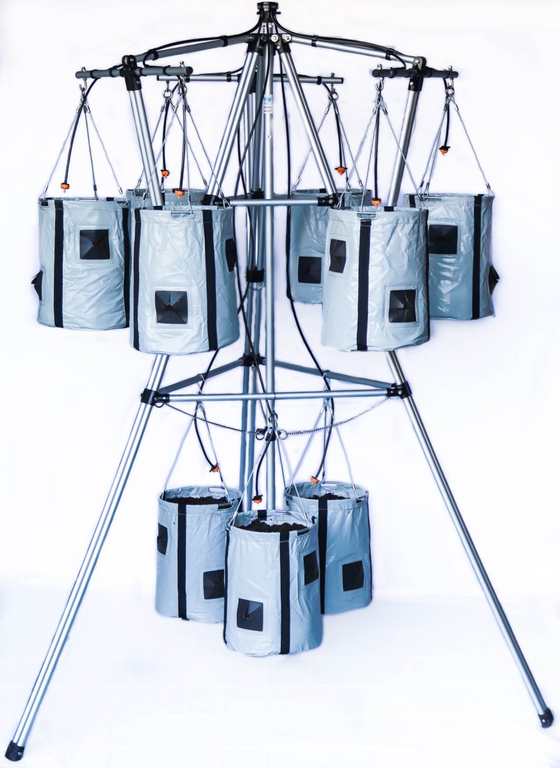 Fully Automatic Drip Garden with two tiers of hanging grow bags, each fed by its own drip line