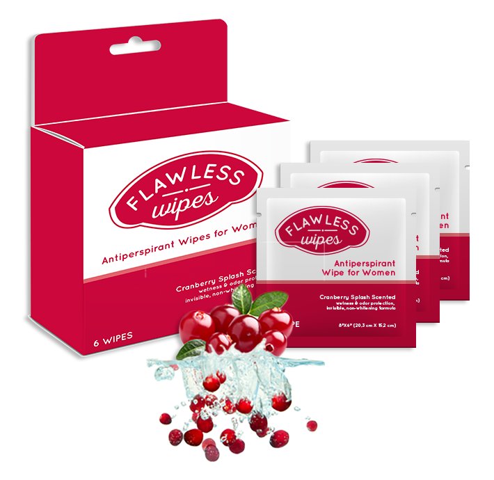 Flawless Wipes antiperspirant wipes for women: 6-wipe retail box with individually wrapped cranberry-scented packets