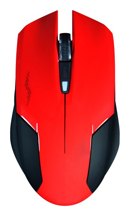 Red and black gaming mouse, top view