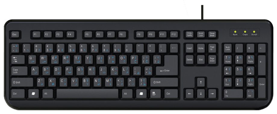 Full-size wired keyboard with English and Arabic key legends