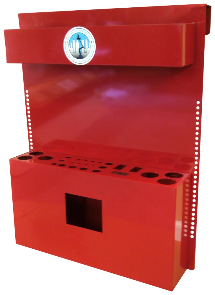 SkyTray aerial lift tool box in red powder-coated steel, quarter view